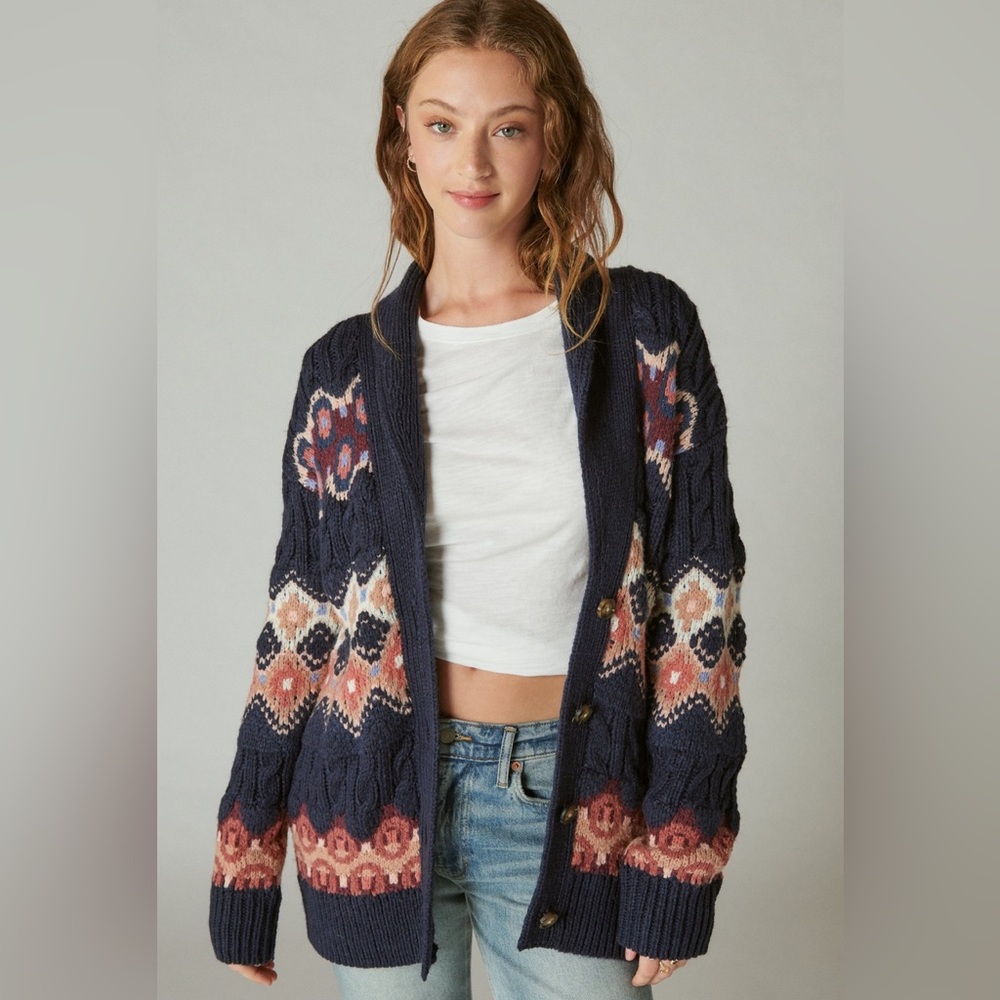 Lucky Brand Intarsia Shawl Collar Cardigan